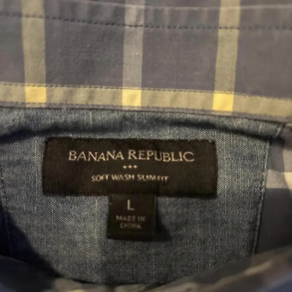 Banana Republic Mens Button Shirt Large Blue Check Slim Fit Soft Wash Casual